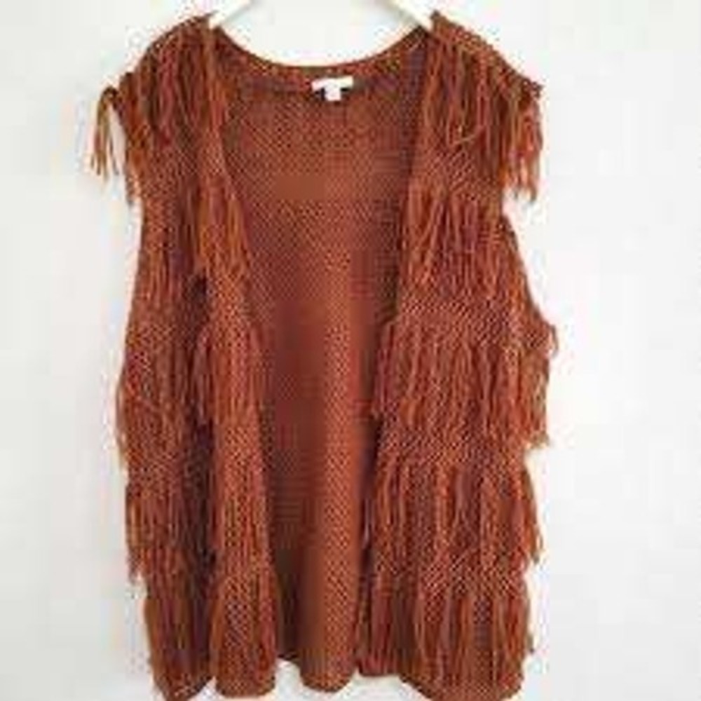 EST 1946 Rust Brown Crochet Fringe Vest XL Open Front Boho Festival Layering